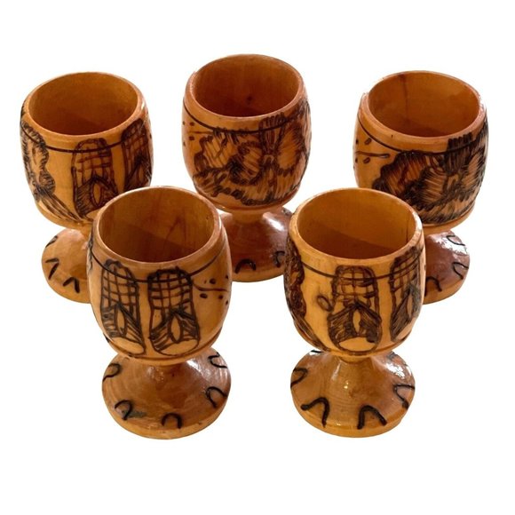 Vintage Wood Pedestal Cups Egg Cup or Tiki Bar Shot Glass Hand Turned Pyrography - Picture 1 of 7